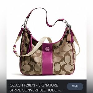 SIGNATURE STRIPE CONVERTIBLE HOBO (COACH F21873)
SILVER/KHAKI/PASSION BERRY